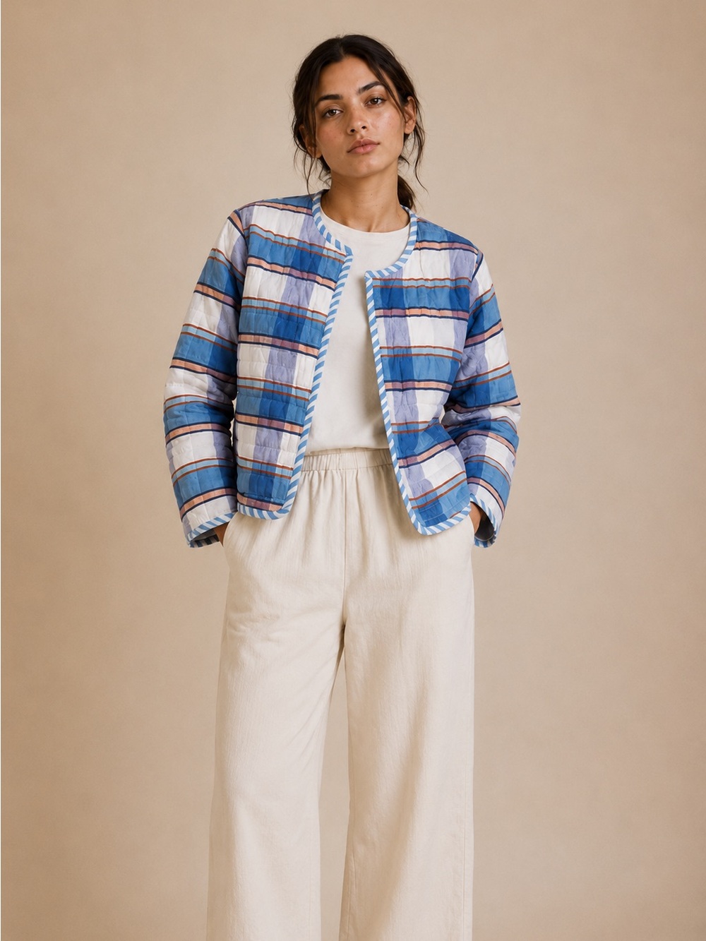 Ace & Jig Quilt Jacket Blue & White Striped Open Front Medium - Picture 6 of 13